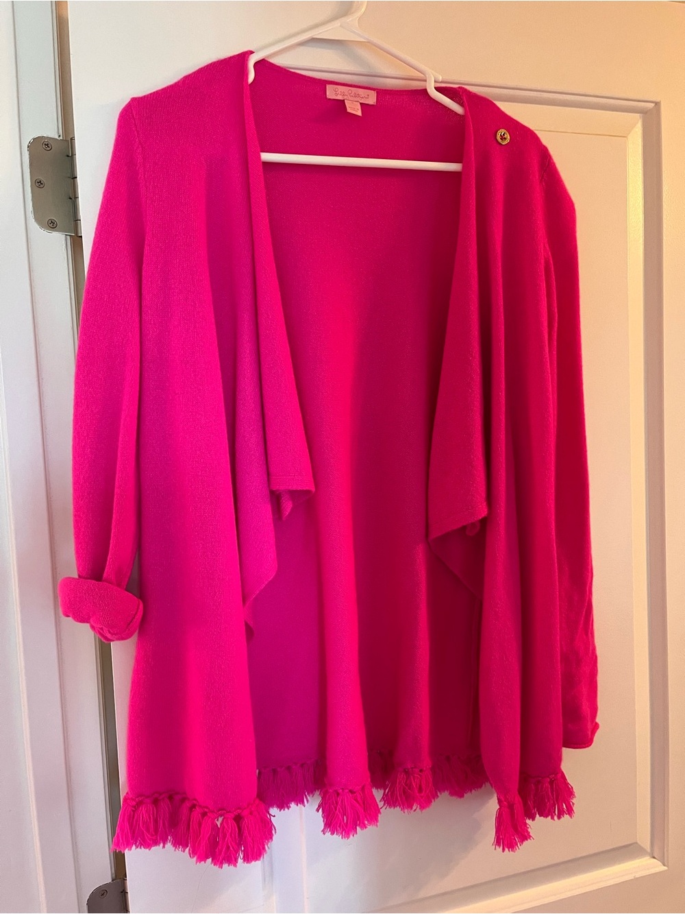 Lilly Pulitzer Hot Pink Tassel-Hem Open Front Cardigan